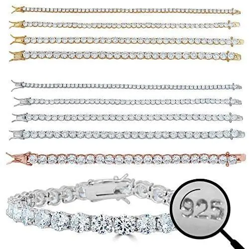 Harlembling Real Solid 925 Sterling Silver Mens Or Womens Tennis Bracelet - 14k Yellow & Rose Gold Finish Over Solid 925 Silver - 3-6mm - 6-9'' Iced One Row Bracelet