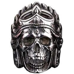 Indian Headdress Skull Head Ring for Men, Indian Chief Skull Ring, Native American Indian Head Rings, Crown Skull Ring Halloween Biker, Vintage Punk Skull Jewelry Gift for Men Boys