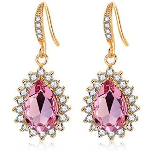 Swarovski Crystal Halo Teardrop Drop Dangle Earrings for Women 14K Rose Gold Plated Hypoallergenic Jewelry