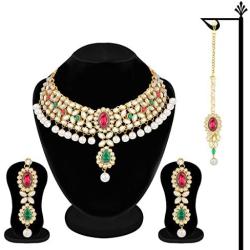 Aheli Indian Wedding Wear Beaded Faux Kundan Pearl Necklace Set with Maang Tikka Ethnic Fashion Jewelry for Women