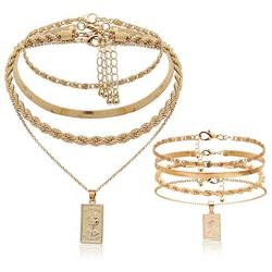 Multilayer Necklaces Anklet Set for Women Gold Plated Snake Link Chain Pendant Necklace Gifts for Girls Jewelry Set