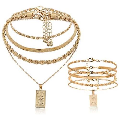 Multilayer Necklaces Anklet Set for Women Gold Plated Snake Link Chain Pendant Necklace Gifts for Girls Jewelry Set