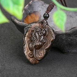 Jovivi Hand Carved Natural Ice Obsidian Healing Crystals Necklace for Men Feng Shui Wealth Pi Xiu Leaf Amulet Charm Gemstone Beads Pendant Protection Jewelry Adjustable Cord