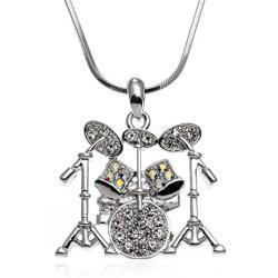 PammyJ Music Jewelry - Drum Set with Clear Crystals Pendant Necklace, 17.5''