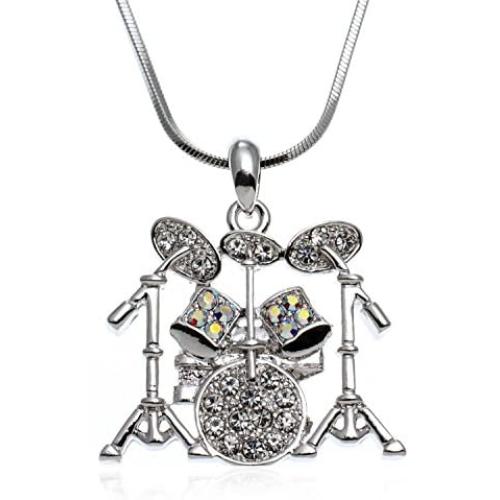 PammyJ Music Jewelry - Drum Set with Clear Crystals Pendant Necklace, 17.5''