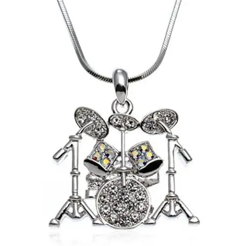 PammyJ Music Jewelry - Drum Set with Clear Crystals Pendant Necklace, 17.5'' PammyJ Music Jewelry - Drum Set with Clear Crystals Pendant Necklace, 17.5''