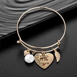 Lux Accessories Gold Heart Engraved Words Faith Love Hope White Pearl Angel Wing Cross Bangle Bracelet