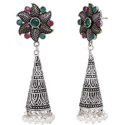 Efulgenz Boho Vintage Antique Ethnic Gypsy Tribal Indian Oxidized Silver Pearl Drop Floral Jhumka Dangle Earrings Jewelry