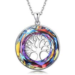 Sllaiss Sterling Silver Crystal Pendant Necklace for Women Multi Color Crystals from Austria Tree of Life Fine Jewelry with Gift Box