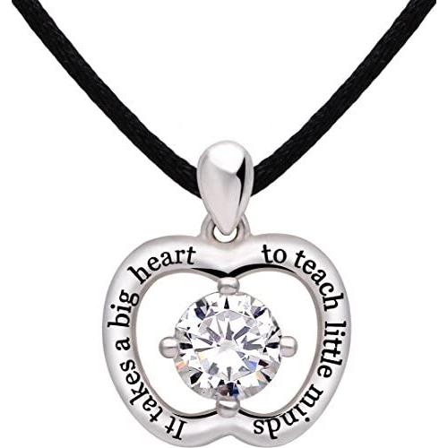 ALOV Jewelry Sterling Silver ''It takes a big heart to teach little minds'' Cubic Zirconia Apple Pendant Necklace for Teacher