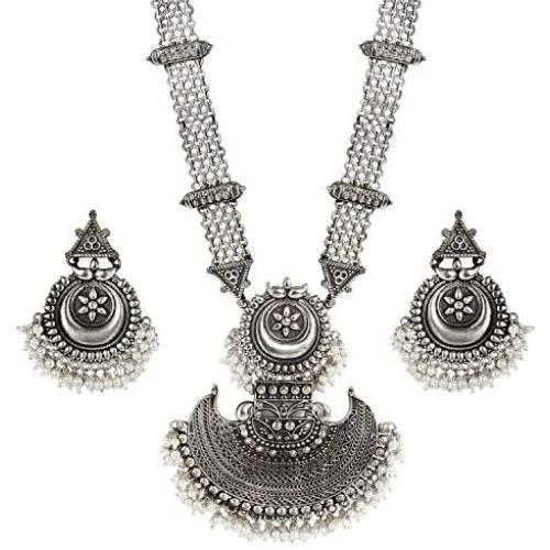 Aheli Antique Oxidised Long Necklace Earring Indian Traditional Bollywood Jewelry Set for Women Girls