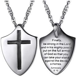 Put On The Full Armor of God Shield Necklace,Stainless Steel Cross Shield Necklace,Ephesians 6:10/Isaiah 54:17/Joshua 1:9b Jewelry for Men Women (with Gift Box)