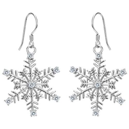 EVER FAITH Womens 925 Sterling Silver CZ Winter Party Snowflake Hook Dangle Earrings Clear