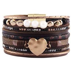 AZORA Leather Cuff Bracelet Multi Strands Beige Wrap Bangle with Pearl Boho Jewelry for Women Teen Girl Gift