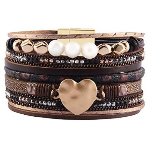 AZORA Leather Cuff Bracelet Multi Strands Beige Wrap Bangle with Pearl Boho Jewelry for Women Teen Girl Gift