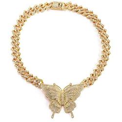 yfstyle Cuban Link Chain Gold/Silver Shiny Rhinestone Butterfly Necklaces for Women Girls Hip Hop Diamond Choker Cuban Link Necklace with Butterfly Charm Fashion Accessories