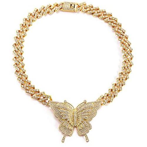 yfstyle Cuban Link Chain Gold/Silver Shiny Rhinestone Butterfly Necklaces for Women Girls Hip Hop Diamond Choker Cuban Link Necklace with Butterfly Charm Fashion Accessories