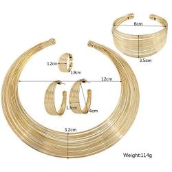 Fld Bib Choker Statement Multiple Strands Necklaces Women Cuff Open Hoop Bracelet Bangle Stud Earrings Ring Collar African Chunky Costume African Jewelry Set