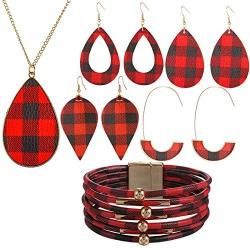 6 Pieces Christmas Plaid Print Jewelry Set Christmas Y-Shape Tassel Necklace Leopard Rhombus Hook Dangle Earrings Set Multilayer Bracelet Bohemia Fringe Tassel Necklaces