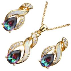 Hermosa Opal Jewelry Set Women Pendant Necklace Stud Earrings Sapphire Rainbow Mystic Topaz with 18'' Chain