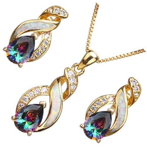 Hermosa Opal Jewelry Set Women Pendant Necklace Stud Earrings Sapphire Rainbow Mystic Topaz with 18'' Chain