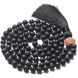 PNEIME Lava Rock Mala Beads 108 Black Lava Stone Mala Necklace Hand Knotted Lava Beads Mala Meditation Beads Yoga Necklace Prayer Beads Japa Mala