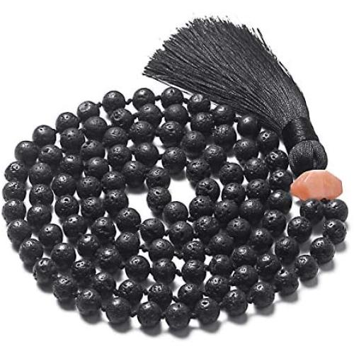 PNEIME Lava Rock Mala Beads 108 Black Lava Stone Mala Necklace Hand Knotted Lava Beads Mala Meditation Beads Yoga Necklace Prayer Beads Japa Mala