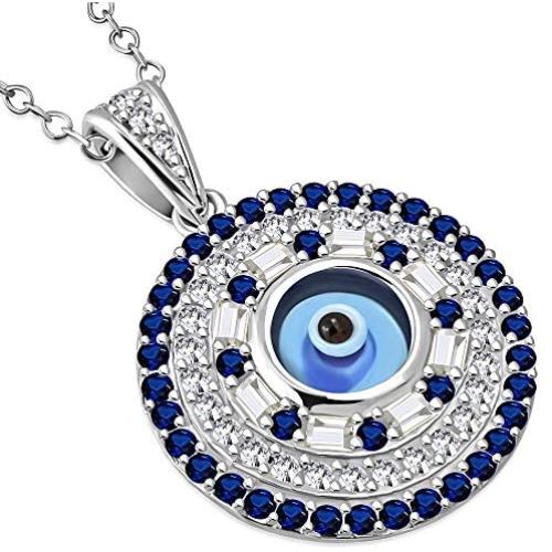 925 Sterling Silver White Blue CZ Evil Eye Protection Pendant Necklace