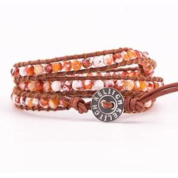 KELITCH Created Fire Agate Beads on Genuine Leather 3 Wrap Bracelet Handmade New Charm Summer Jewelry