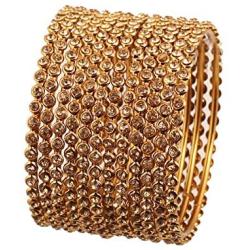 Touchstone ''Golden Bangle Collection Yellow Rhinestone Traditional Single Line Stunning Indian Bollywood Designer Jewelry Metal Bangle Bracelets in Antique Gold Tone for Women. Set of 12.