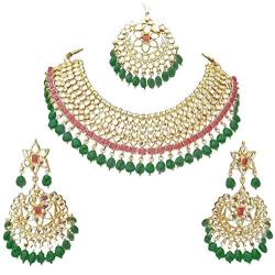 Finekraft Meena Kundan Bridal Wedding Designer Gold Plated Pearls Necklace Jewelry Set