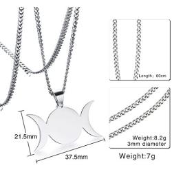 Stainless Steel Wiccan Triple Moon Goddess Symbol Pendant Necklace Jewelry for Men Women,24'' Chain