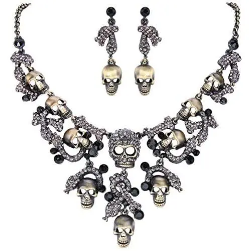 EVER FAITH Austrian Crystal Halloween Skull Snake Necklace Earrings Set EVER FAITH Austrian Crystal Halloween Skull Snake Necklace Earrings Set