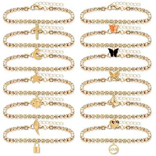 HaHaGirl 12 Pieces Anklets for Women Cute Charms Butterfly Acrylic Ankle Bracelets Colorful Rhinestone Anklets Set Boho Beach Layered Chain Anklets for Girls Foot Jewelry
