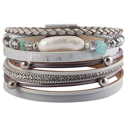 Leather Wrap Bracelet Baroque Pearl Multi Strand Cuff Bracelet Magnetic Multilayer Bracelet Bohemian Jewelry for Women, Sister, Wife