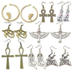 RechicGu 8 Pairs Women Girls Egyptian Ancient Costume Dangle Set Earrings Cross Snake Hoop Studs Drop Vintage Jewelry Accessory Statement