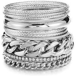 ENSOUL Multiple Textured Metal Bracelets & Bangles Set 14Pcs/Set W/Clear Rhinestones