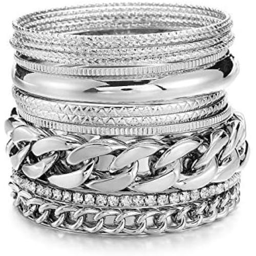 ENSOUL Multiple Textured Metal Bracelets & Bangles Set 14Pcs/Set W/Clear Rhinestones