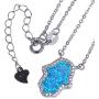 Kaletine Hamsa Hand of Fatima Pendant Necklace Sterling Silver 925 Synthetic Opal Cable Chain 16''+2'' Extender