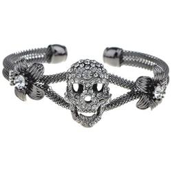 Alilang Womens Jewelry Gothic Punk Skull Floral Halloween Rhinestone Gray Silver Cuff Bracelet