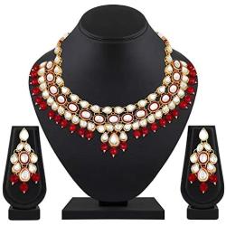Aheli Ethnic Maroon Drop Beads Faux Kundan Necklace Earrings Bollywood Indian Fashion Party Jewelry Set for Women