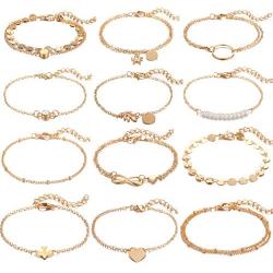 Dremcoue 12 Pcs Dainty Bracelets Set for Women Girls Handmade Simple Cute Charm Chain Bracelet Adjustable Bracelet Set