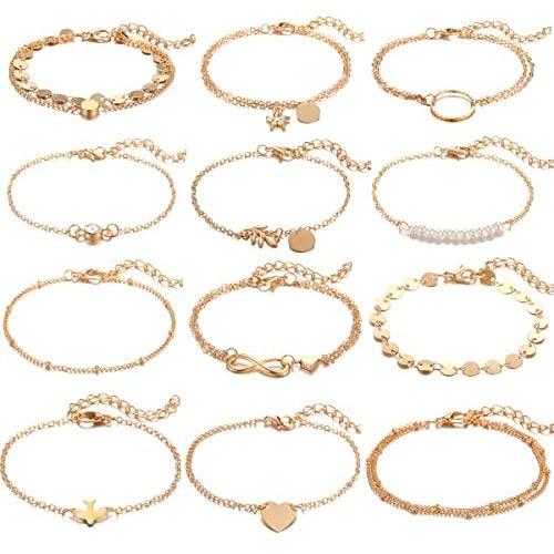 Dremcoue 12 Pcs Dainty Bracelets Set for Women Girls Handmade Simple Cute Charm Chain Bracelet Adjustable Bracelet Set
