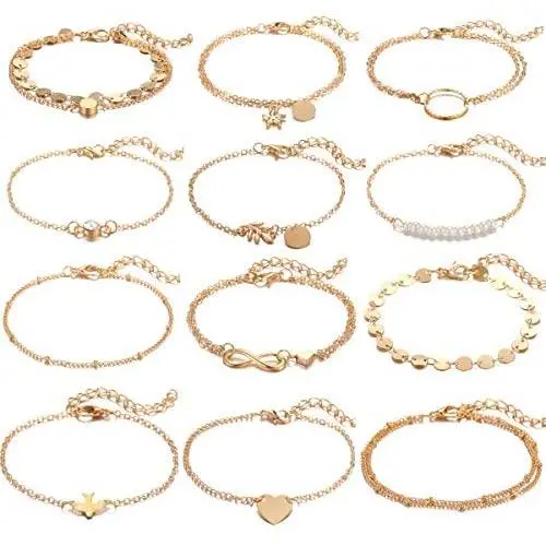 Dremcoue 12 Pcs Dainty Bracelets Set for Women Girls Handmade Simple Cute Charm Chain Bracelet Adjustable Bracelet Set
