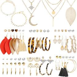 43 Pcs Necklace and Earring Sets for Women Girls Including 38 Pcs Bohemian Leather Tassel Earrings & 5 Pcs Gold Multi-layer Choker Leaf Pendant Necklace for Birthday/Valentines Day/Friendship Gifts