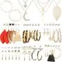 43 Pcs Necklace and Earring Sets for Women Girls Including 38 Pcs Bohemian Leather Tassel Earrings & 5 Pcs Gold Multi-layer Choker Leaf Pendant Necklace for Birthday/Valentines Day/Friendship Gifts