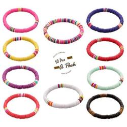 MUYOU 10 Pcs Friendship Bracelets Vsco Boho Beaded Bracelet for Women Surfer Bracelets Polymer Clay Rainbow Bracelet Elastic Rope Heishi Bracelet Set Summer Beach Jewelry