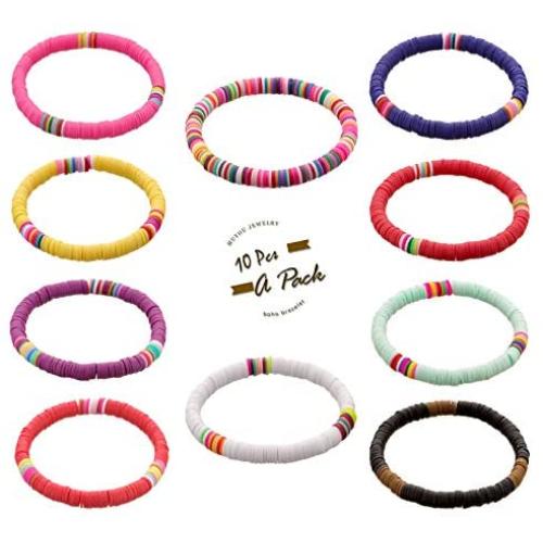 MUYOU 10 Pcs Friendship Bracelets Vsco Boho Beaded Bracelet for Women Surfer Bracelets Polymer Clay Rainbow Bracelet Elastic Rope Heishi Bracelet Set Summer Beach Jewelry