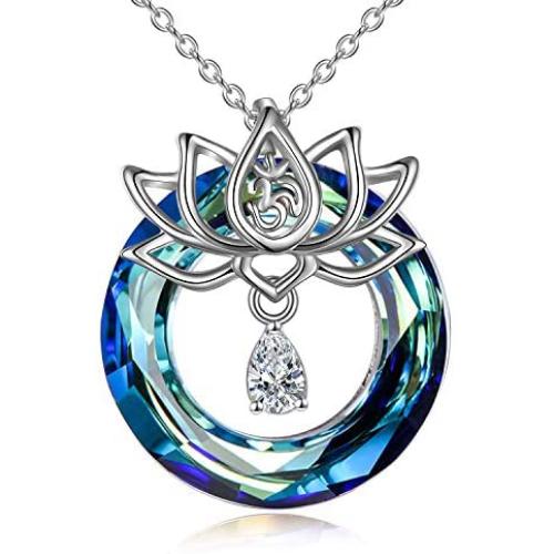 POPLYKE Lotus Flower Necklace for Women Sterling Silver Lotus with Blue/Purple/Volcano Crystal Jewelry for Girls Mom Birthday