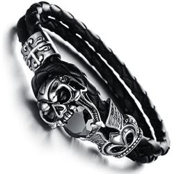 Stainless steel skull ghost head diamond black winding leather bracelet trendy hip-hop fashion jewelry gift